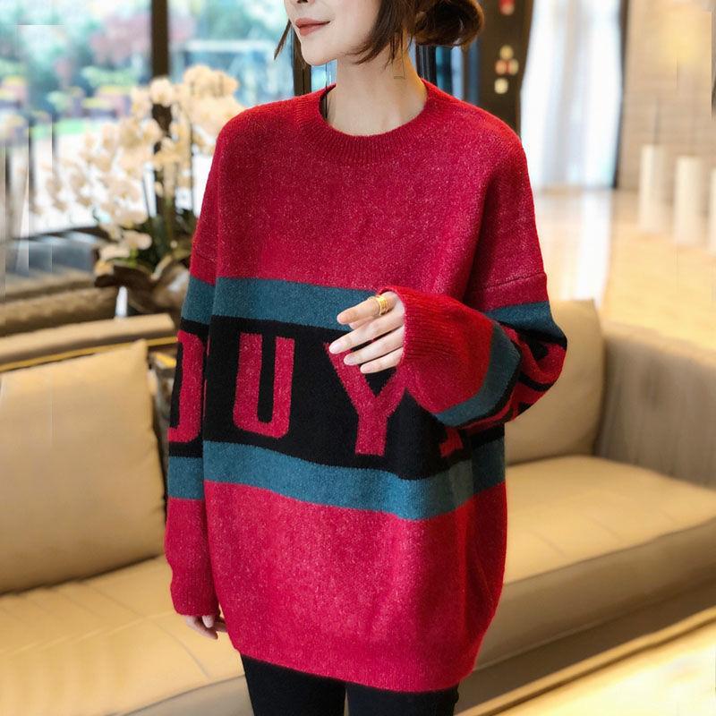 Autumn/winter Fashion Striped Bottoming Shirt Mid-length Loose-fitting Outer Sweater Long-sleeved Splicing Color Top Coat