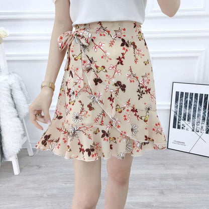 Bohemian Print Summer Skirts Womens Ruffle Floral Short Skirt High Waist Chiffon Beach Mini Skirt