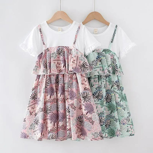 Girls' Dresses Summer Dresses Western Style Short-sleeved Stitching Floral Fake Two-piece Dresses