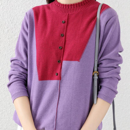 Autumn Women's Round Neck Knitted Tops Women Loose Slim Fit Color Matching Sweater Women's Long-sleeved  Design Sense