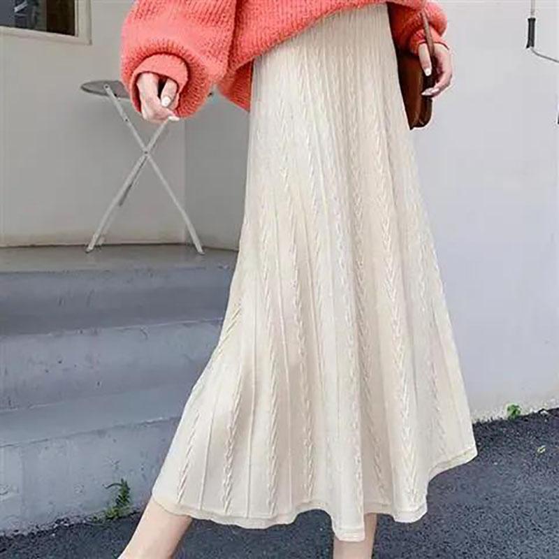 Autumn and Winter Women's High Waist A-line Skirt Knit Long Solid Color Casual Loose Umbrella Skirt Pleated Skirt