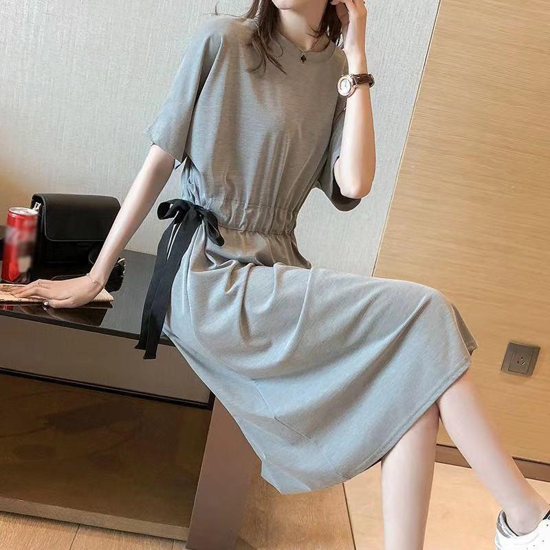 Dress Women's Spring Summer Long Loose Large Size T-shirt Skirt Bandage Waist Slimming Over-the-knee Dress