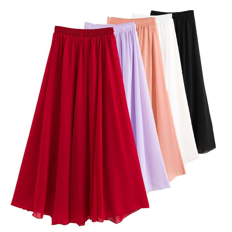 Women Chiffon Skirt Mid-length A-line Skirt Plus Size Fairy Skirt Summer Ruffled Elastic Waist Sandy Beach Vacation Daily