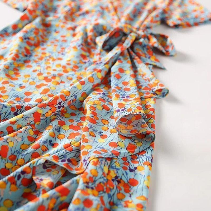 Women's Summer Floral Dress V-neck Slim Mid-length Skirt