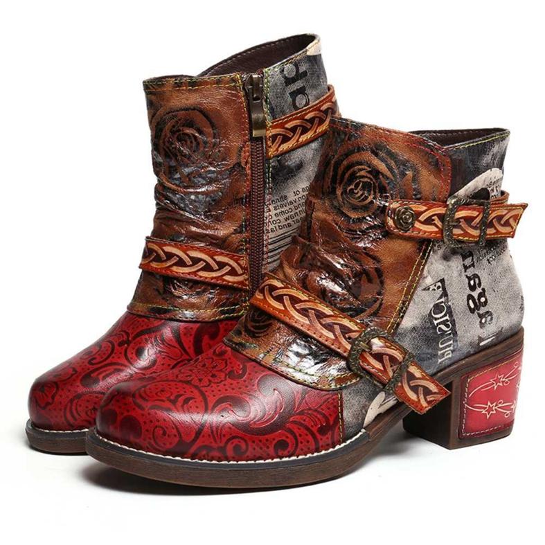 Autumn Winter Women Round Toe Boots Snake Printing Zipper Footwear Ethnic Leather Martin Boots