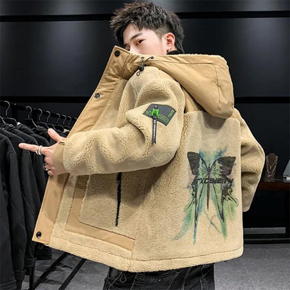 Mens Lamb Plush Jacket Winter Plus Size Padded Coat Youth Jackets Trend All-match Loose Jacket