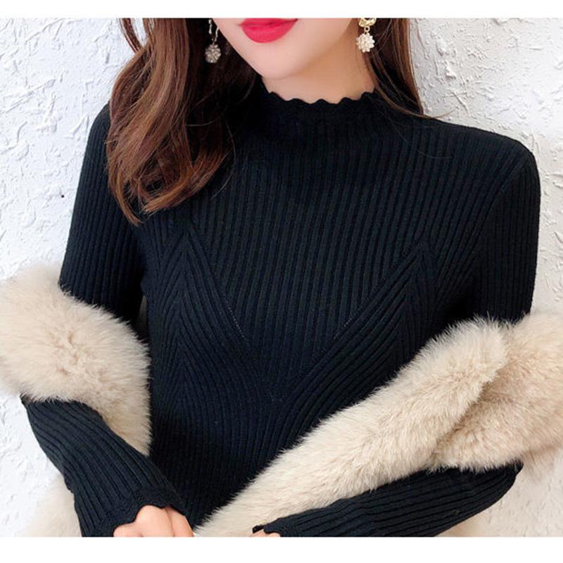 Core Spinning and Velvet Thickening Bottoming Shirt Autumn and Winter Style Ladies Slim Half Turtleneck Sweater Long Sleeves