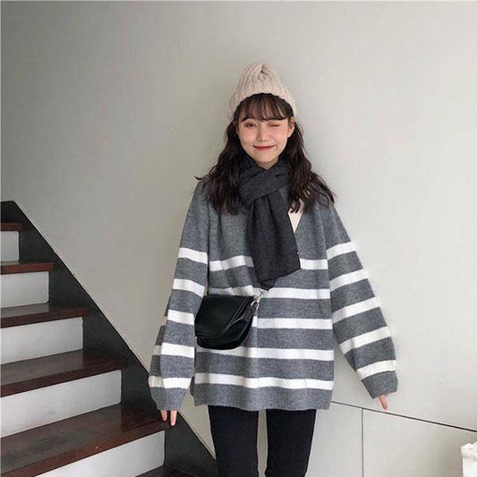Autumn and Winter College Style Round Neck Striped Sweater Female Student Loose Mid-length Top Sweater Coat