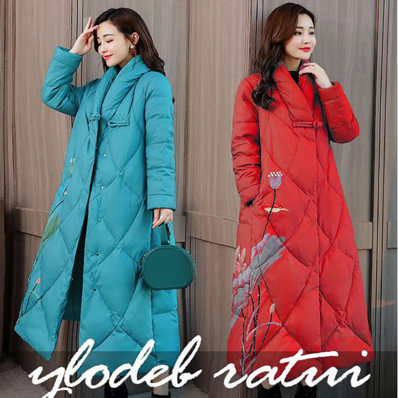 Winter Ladies Down Jacket Retro Printed Long Cotton Jacket Thicken Ethnic Wind Over-the-Knee Jacket