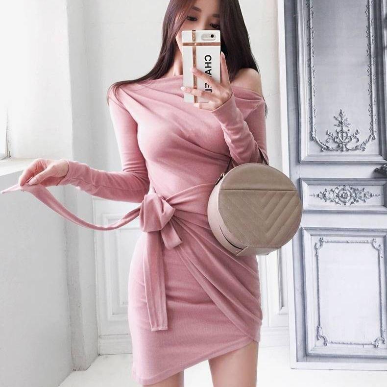 Pleated sexy skinny package hip dress woman autumn and winter strapless woman long sleeve dress