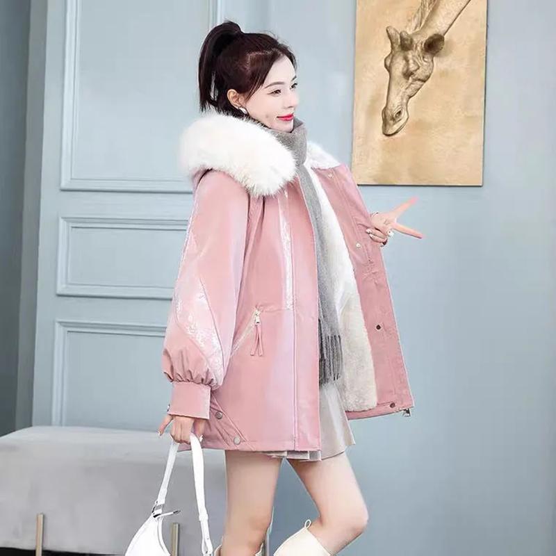 Women's Winter Plus Velvet Thickened Mid-length Coat Sequin Stitching Pie To Overcome Cotton-padded Clothes Wool-collar Loose Warm Jacket