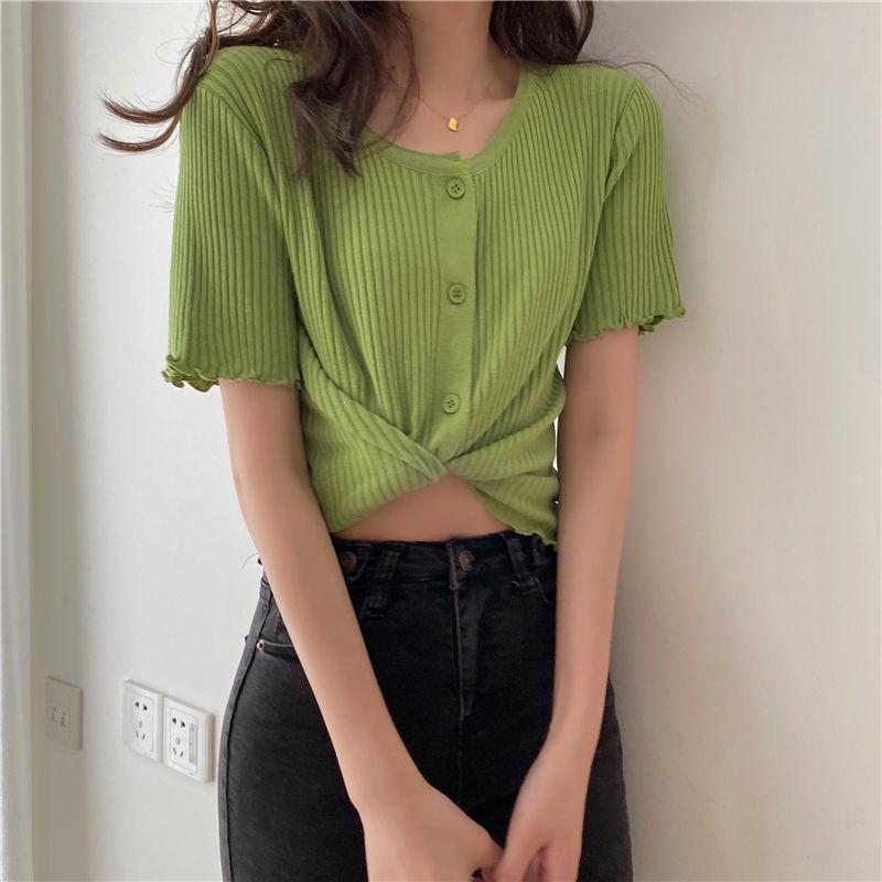 Summer and Autumn Knitted Tops Round Neck Short-sleeved Sweater Cardigan Loose Young Women's Jacket