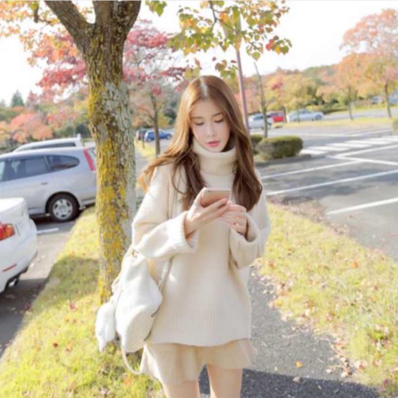 PofuLove Winter New Student Turtleneck Sweater Women Thick Yellow Loose Mid-length Knitted Top