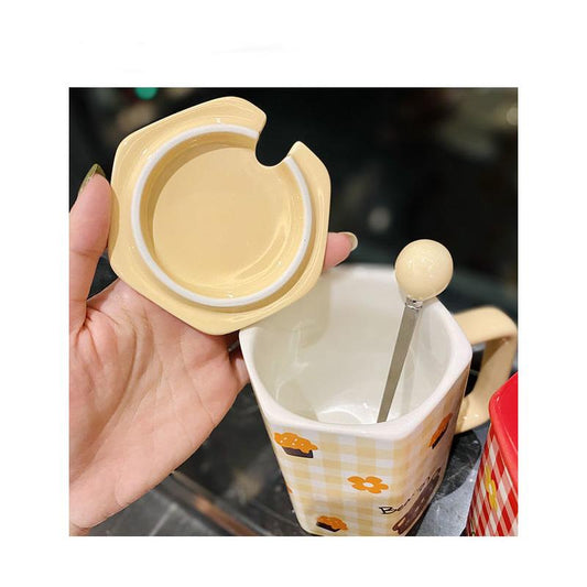 Ins Style Girl Heart Ceramic Mug with Lid Spoon Cute Straw Water Cup Coffee Cup Breakfast Milk Oatmeal Cup