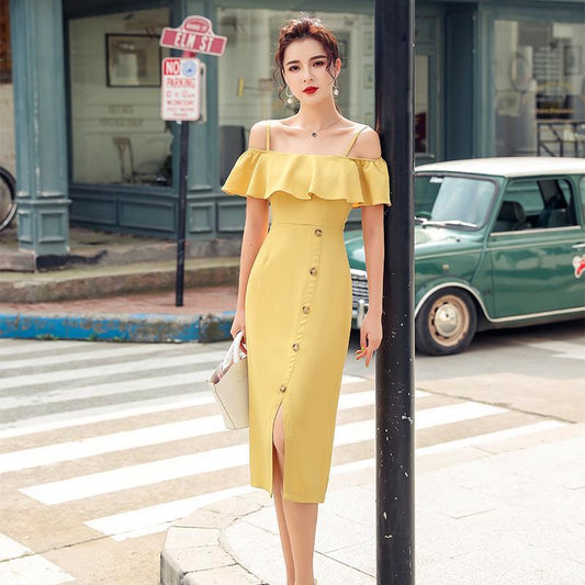 French Ruffle Dresses One-shoulder Sling Dress for Holiday Maldives Single Breasted Split Sexy Dress