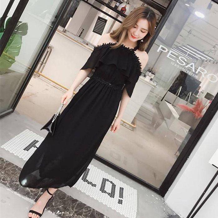 Pofulove S-2XL Women Off Shoulder Chiffon Camisole Dress Slim Sleeveless A-line Vacation Beach Dress