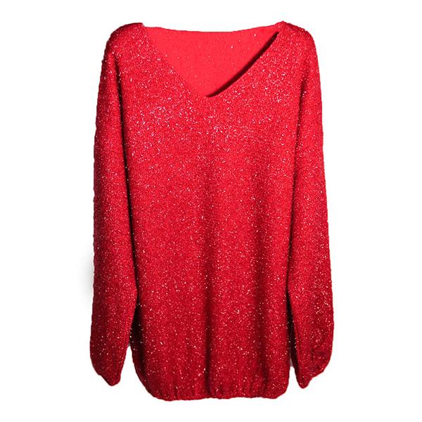 Autumn And Winter Mid-length V-neck Sweater Loose Bright Silk Dress Women