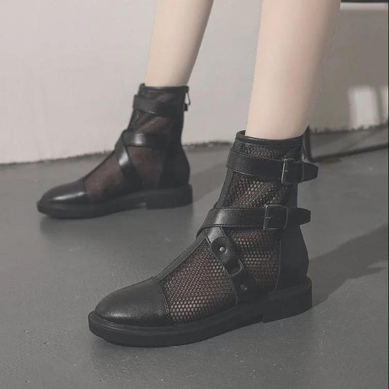 Women's Soft Leather and Mesh Martin Boots Summer Sandals All-match Back Zipper Flat Ankle Boots