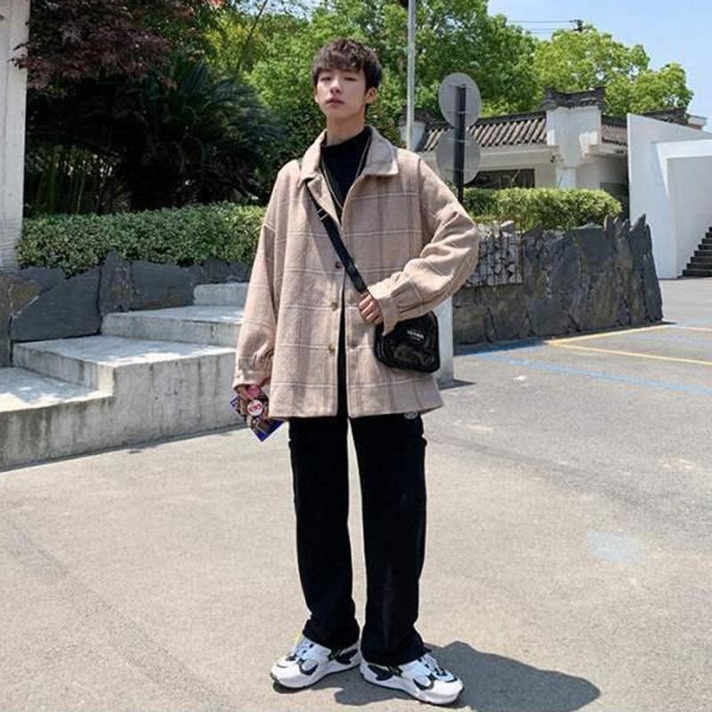 Spring and Autumn Woolen Plaid Jacket Men's Trend Ins Windbreaker Jacket Hong Kong Style Loose Retro Coat