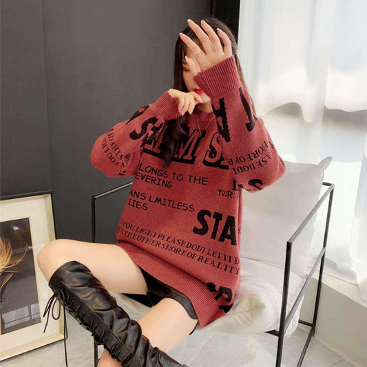 Autumn and Winter Loose Mid-length Round Neck Sweater Women Lazy Letter All-match Knitwear