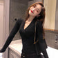 Pofulove Irresistible Charm Sexy Slim Fit Cross V-Neck Slim Knitwear Solid Color Bottoming Sweater