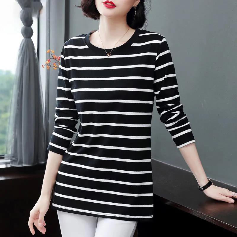 Women T-Shirt Cotton Long Sleeve Lady T Shirt Striped Summer Spring Autumn Female White Trendy  Top Pullover