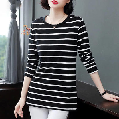 Women T-Shirt Cotton Long Sleeve Lady T Shirt Striped Summer Spring Autumn Female White Trendy  Top Pullover