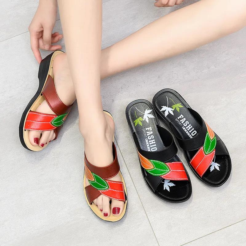 Thick Bottom Wedge Heel Sandals and Slippers Women's Outer Wear Non-slip Soft Sole Slippers Ladies Faux Oxford Leather Sandals and Slippers