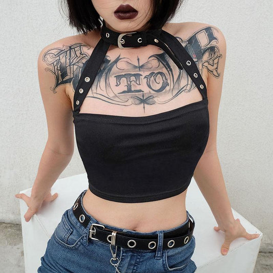 Punk Style Choker Halter Top Women Sexy Fashion Slim Cami Backless Buckle Top Summer Tank Tops