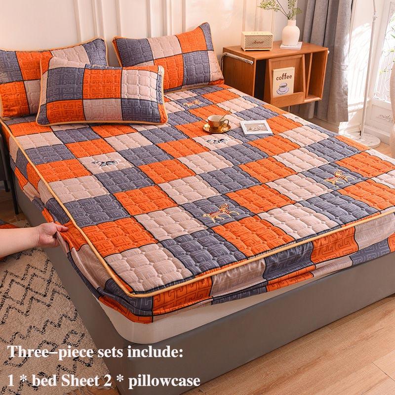 Bed Pillowcase Three-piece Non-slip Fixed Bed Cover Thickened Cotton Breathable Dust-proof Cover Mengsi Protective Cover Double Bed Set
