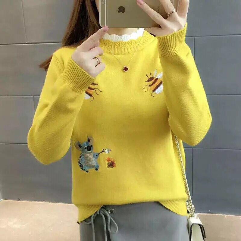 Pofulove Autumn and Winter Loose Short Paragraph Pullover Sweater Trend Embroidered Base Sweater