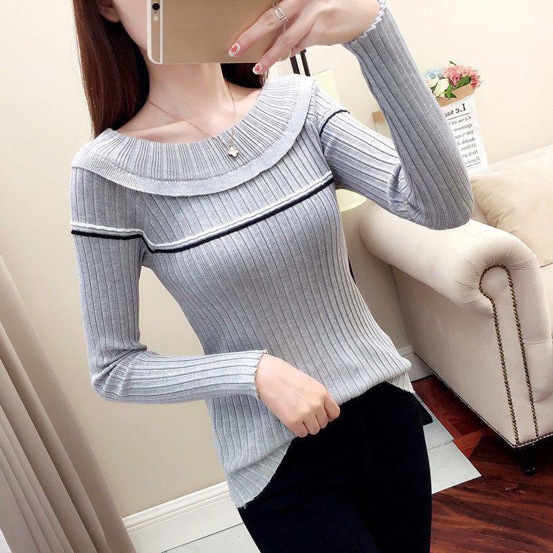Autumn and Winter Long-sleeved Knitted Blouse Low Round Neck Slim Short Sweater