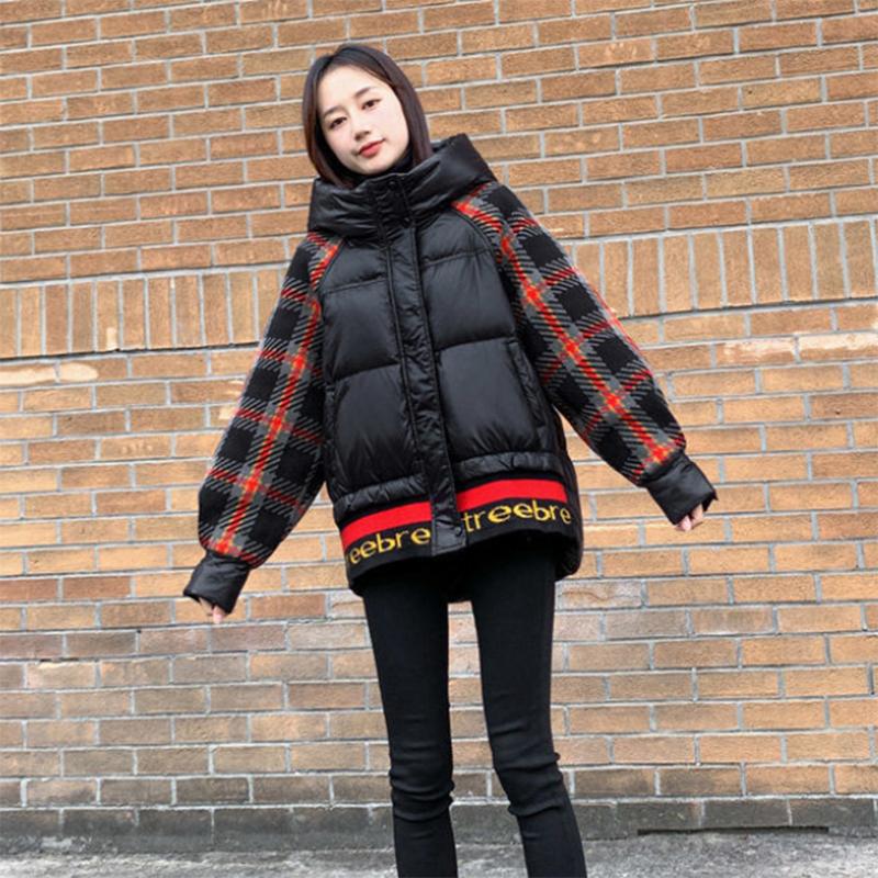 Women's Plaid Print Short Down Jacket Winter Korean Loose Quilted Jacket Casual Warm Hooded Down Jacket