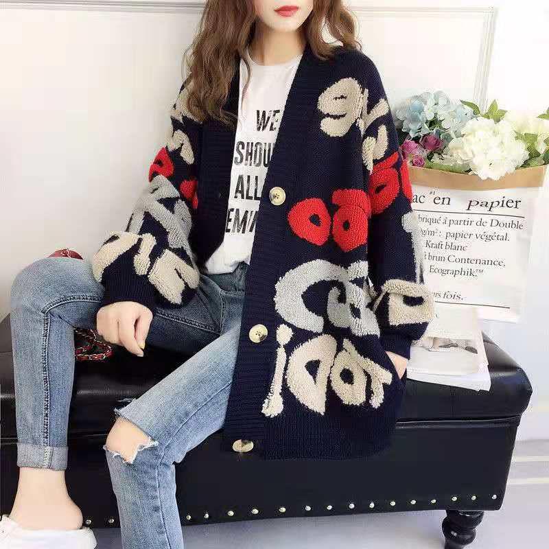 Autumn and Winter Women's Letters Loose Knitted Jacket Long-sleeved Sweater Cardigan Women