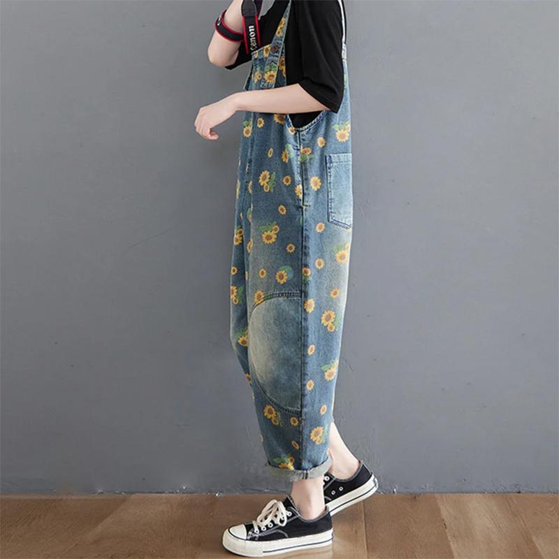 Women Denim Overalls, Sunflower Print Jumpsuits, Loose Wide Leg Pants, Oversized Baggy Ladies Pantst, Retro Trousers