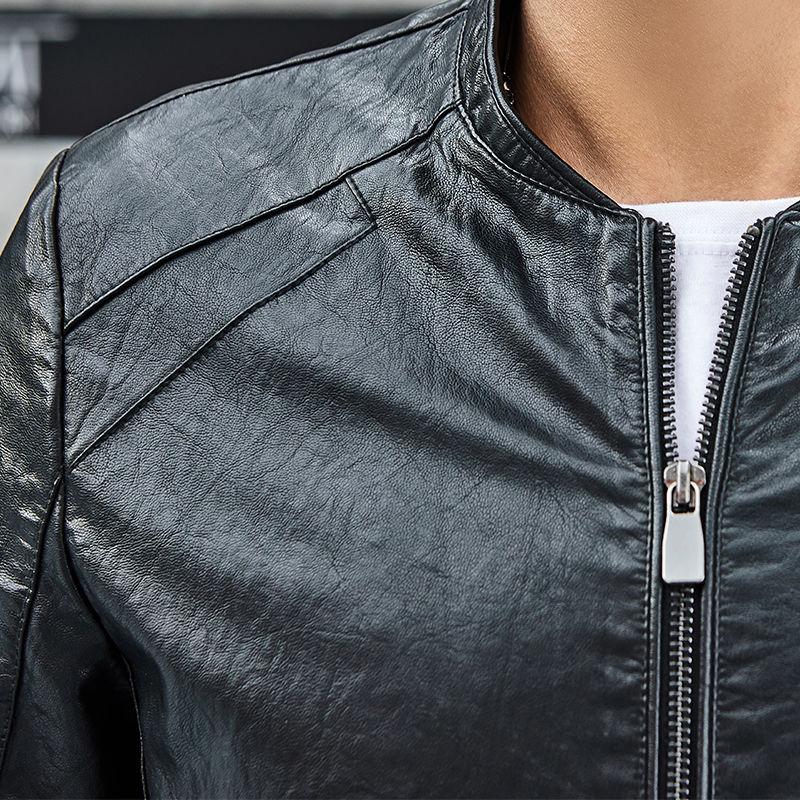 Fashionable Slim-fit Men's Leather Jacket with Stand-up Collar Pu Leather Handsome Motorcycle Leather Jacket