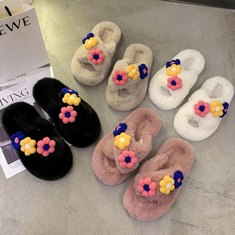 Hairy Slippers Women Winter Warm Comfortable and Cute All-match Flower Cotton Slippers Home Slip-resistant Women's Cotton Slippers