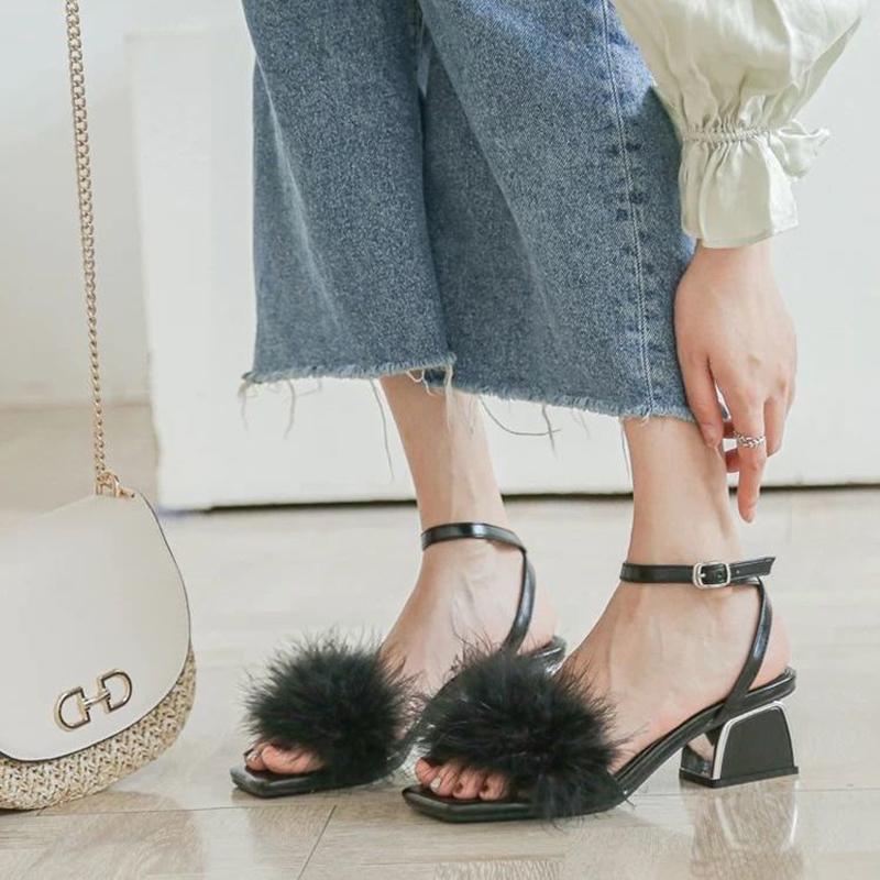 Hairy Sandals Female Summer Fairy Style Thick Heel Mid-heel Fashion High Heels
