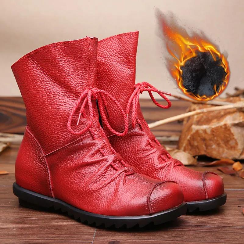 Handmade Pleated Martin Boots Cotton Boots Women's Leather Boots Top Layer Cowhide Comfortable Soft Sole Short Boots