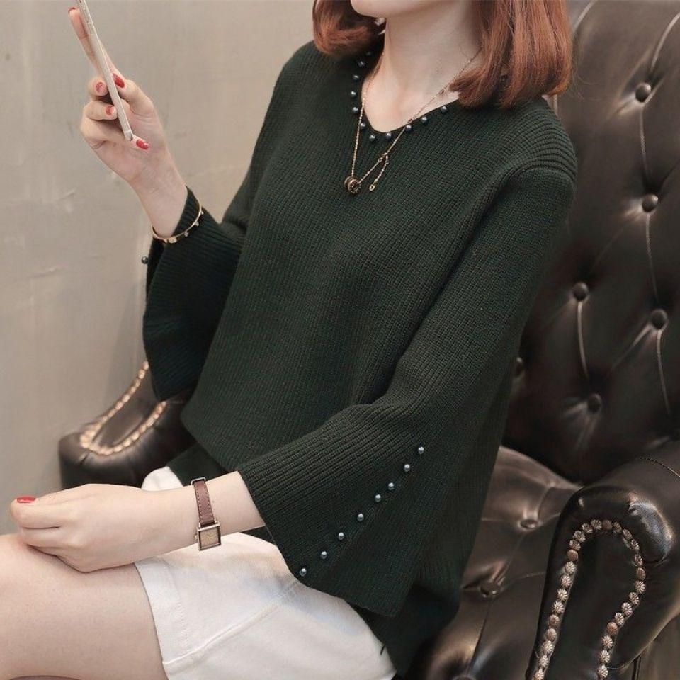 Spring and Autumn Solid Color Pullover Sweater Women's Beaded Loose Short V-neck Knitwear
