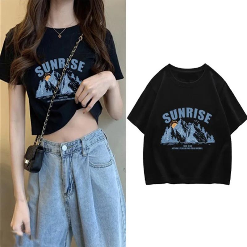 Pure Cotton Short Top Summer Casual Thin Section Loose Solid Color Printing Fashion Short-sleeved T-shirt Women