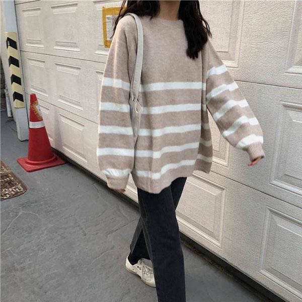 Autumn and Winter College Style Round Neck Striped Sweater Female Student Loose Mid-length Top Sweater Coat