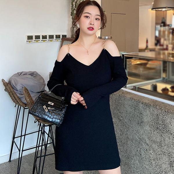XXXXL Plus Size Women's Clothing Chain Sexy Babes Sling Dress Hollow Out Strapless Long Sleeve V-neck Black Skirt