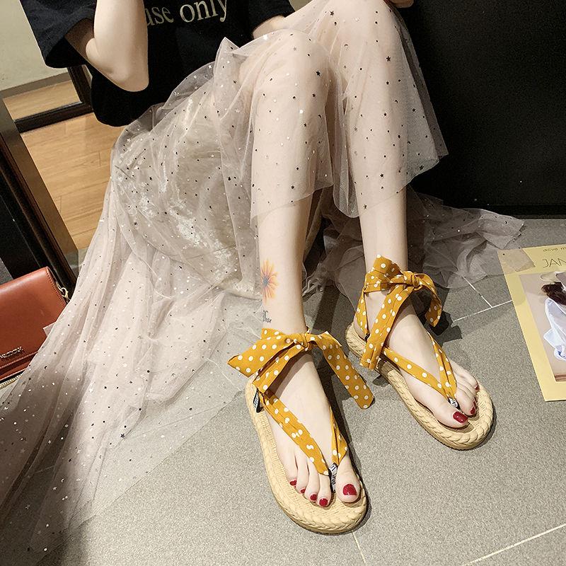 Sandals Female Summer Korean Student Flat Sandals Roman Sandals Thick Bottom Beach Lace-up Shoes