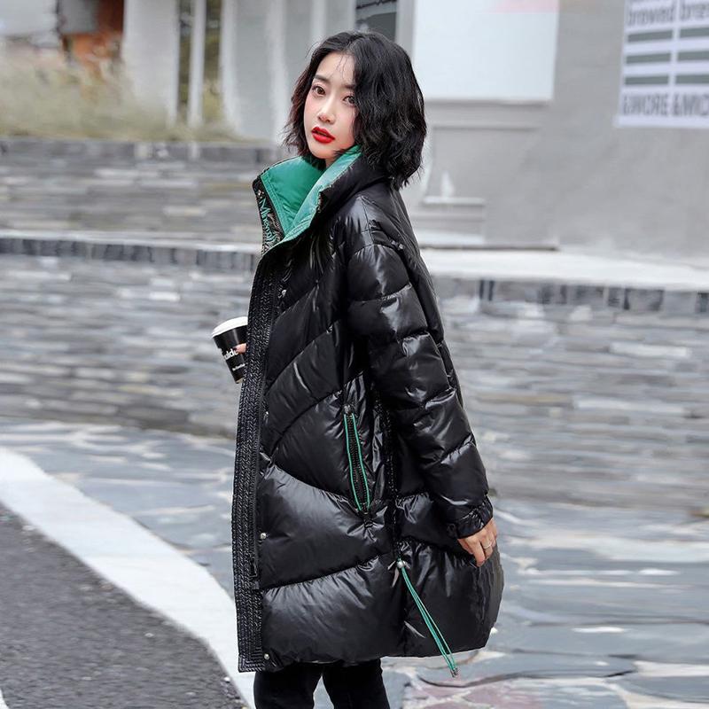 Women's Winter Korean Loose Quilted Coat Warm Stand-collar Down Jacket Women's Glossy Mid-length Down Jacket