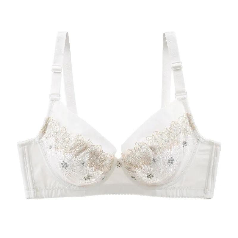 Women's Comfortable Embroidered Underwear Adjustable Bra for Big Breasts Sexy Lace Mesh Floral Gather Straps Brassiere Full Cup Pad Solid Underwear