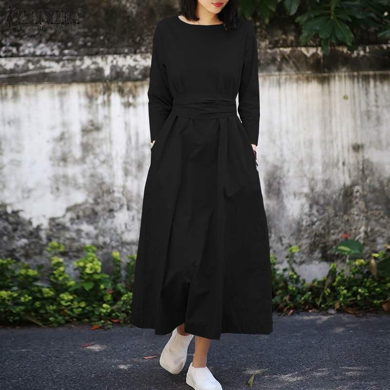 Women‘s Long Dress Women Round Neck Belted Solid Color Long Sleeve Long Dress Plus Size Dress Korean Style