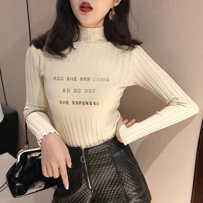 PofuLove Women's Half Turtleneck Sexy Sweater Letter Sweater Women Slim Thin Student Sweater