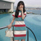 Female Summer Simple Stripe Contrast Knitted Dress Vintage Elegant Slim Holiday Graceful Dress