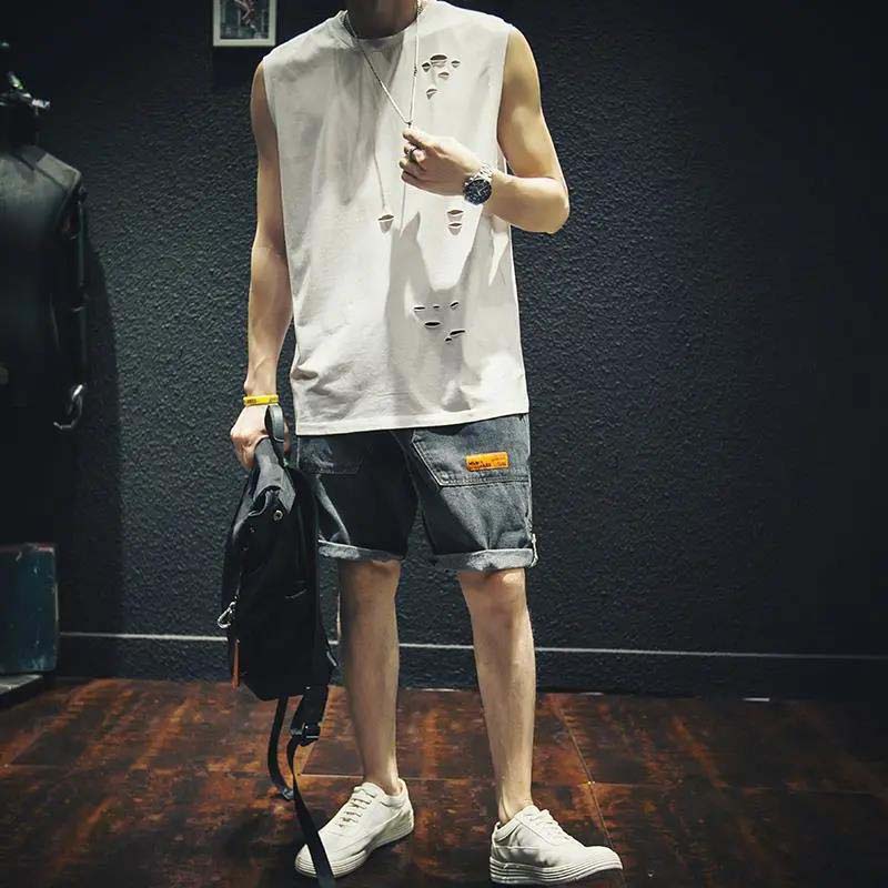 Summer Thin Rotten Hole Sleeveless T-shirt Loose Waistcoat Outer Wear Solid Color Trendy Vest